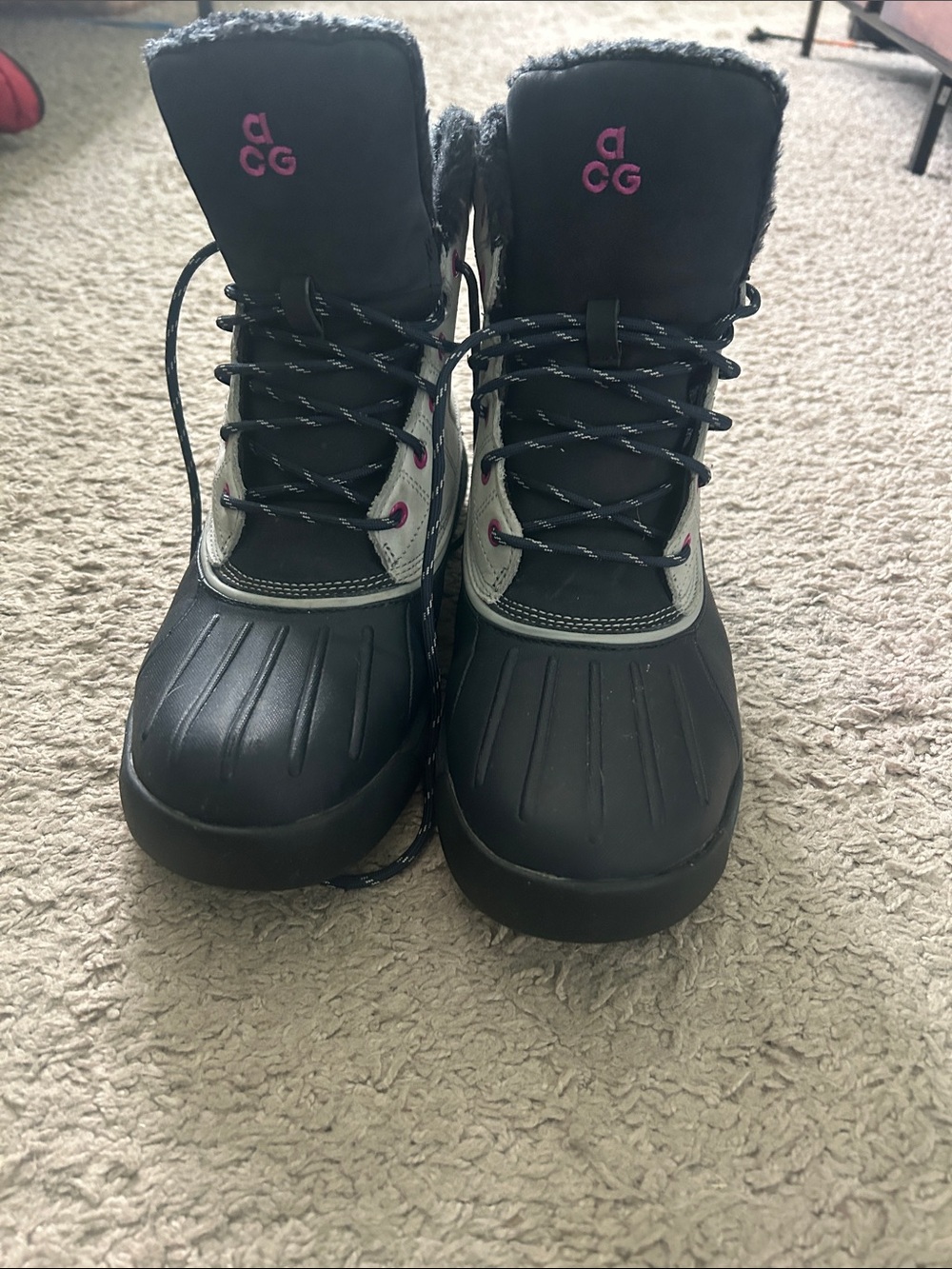 Nike ACG Black Winter Rain Boots with Pink Logo Accents
